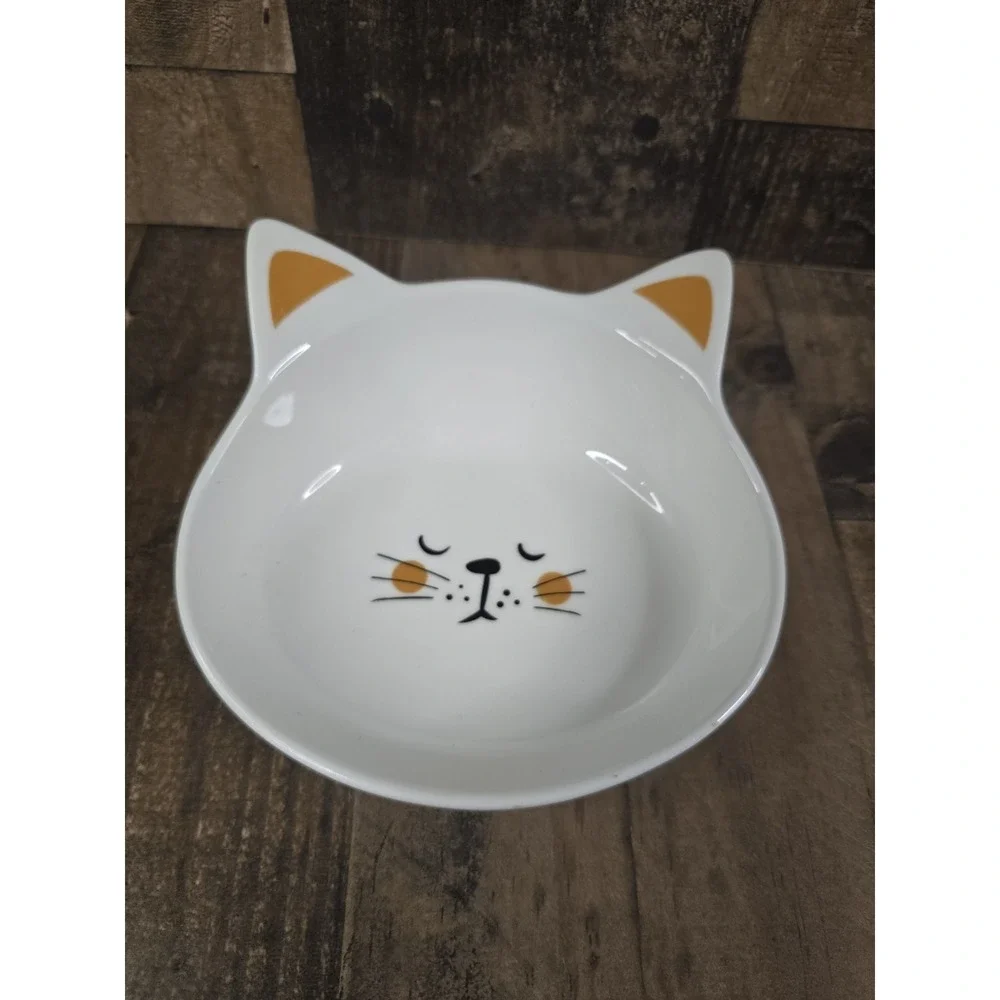 White Ceramic Cat Face Bowl Brown Ears Pet Food Dish Trinket Tray 5.5 Inch